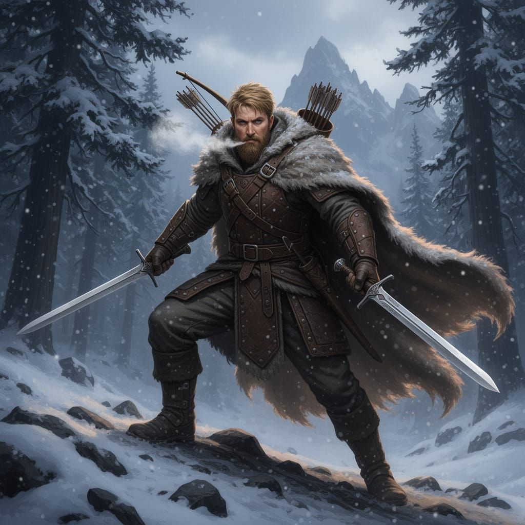 Fantasy Ranger in Leather Armor with Dual Swords and Bow