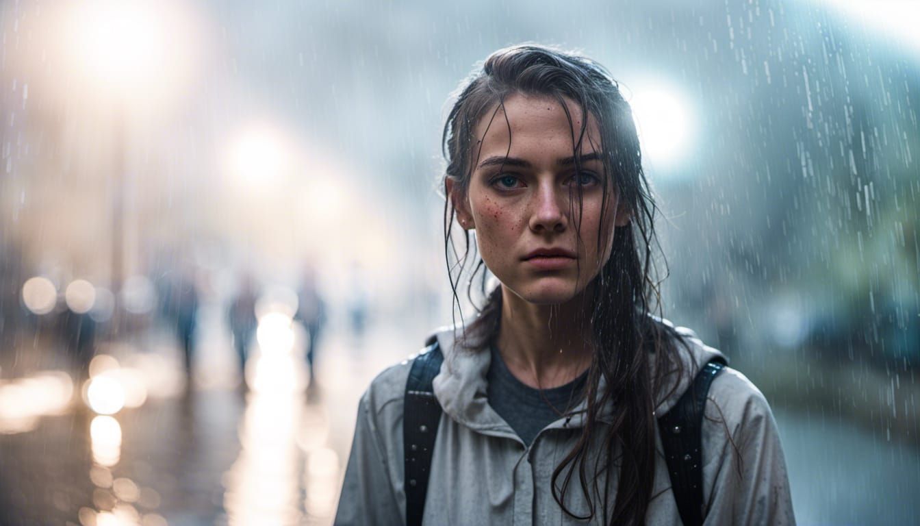 Drenched College Student in Heavy Rain