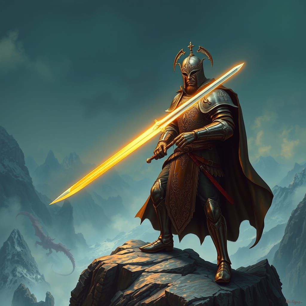 Knight on Misty Mountain Peak with Dragon Silhouette