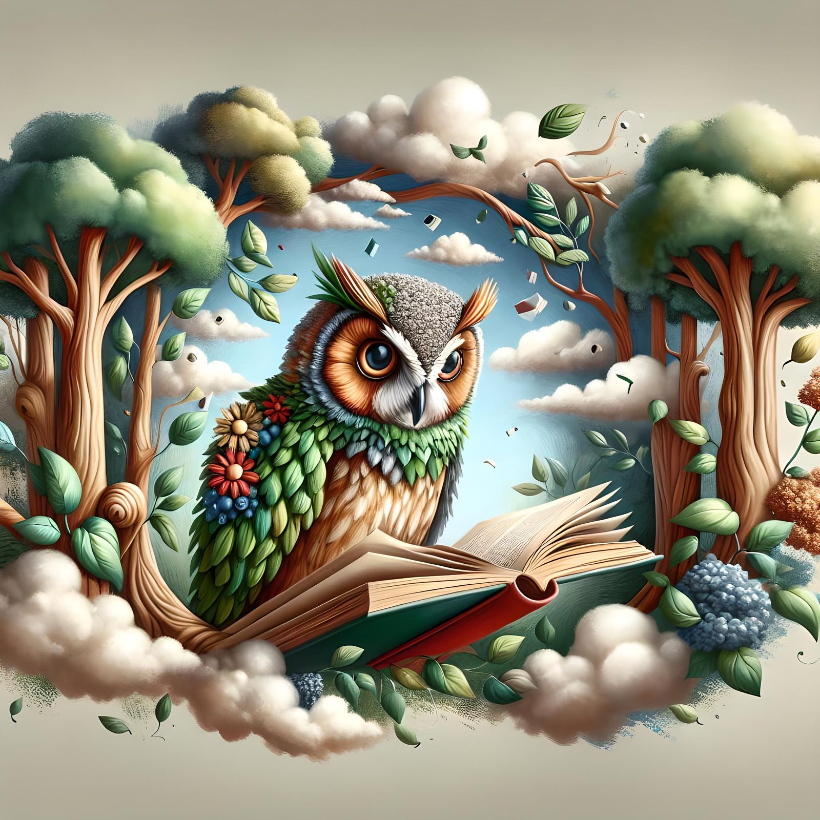 Owl Bookworm Trapped in Story: A Whimsical Scene