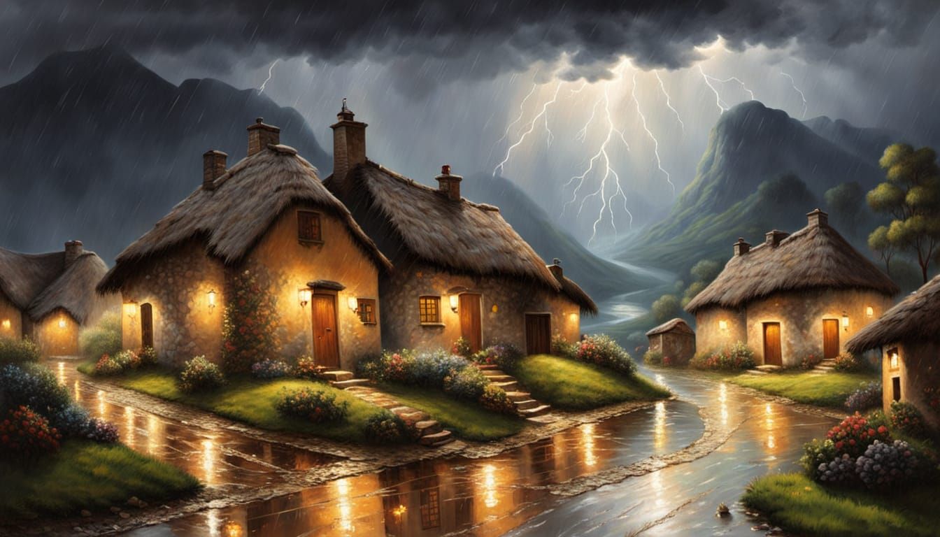 Baroque Village Enduring a Nighttime Storm