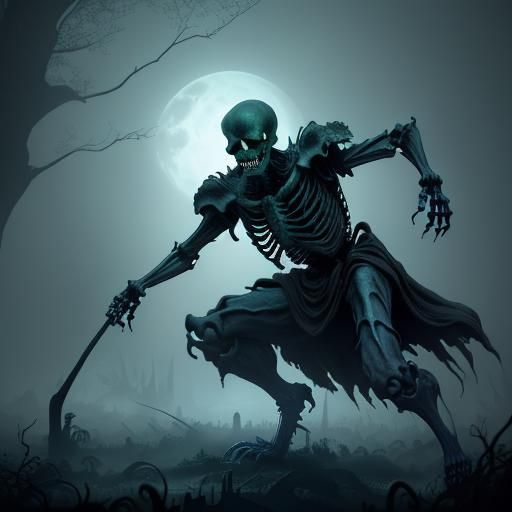 Eerie Neon Skeleton in Haunted Graveyard