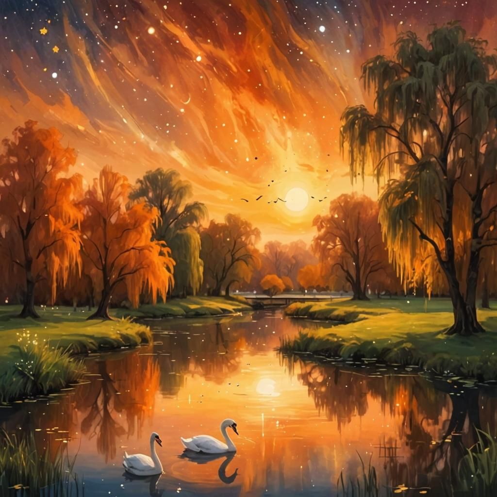 Abstract Sunset Pond with Stars and Swans