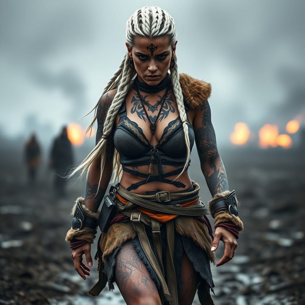 Fierce Warrior in Desolate Landscape: Photorealistic Concept...