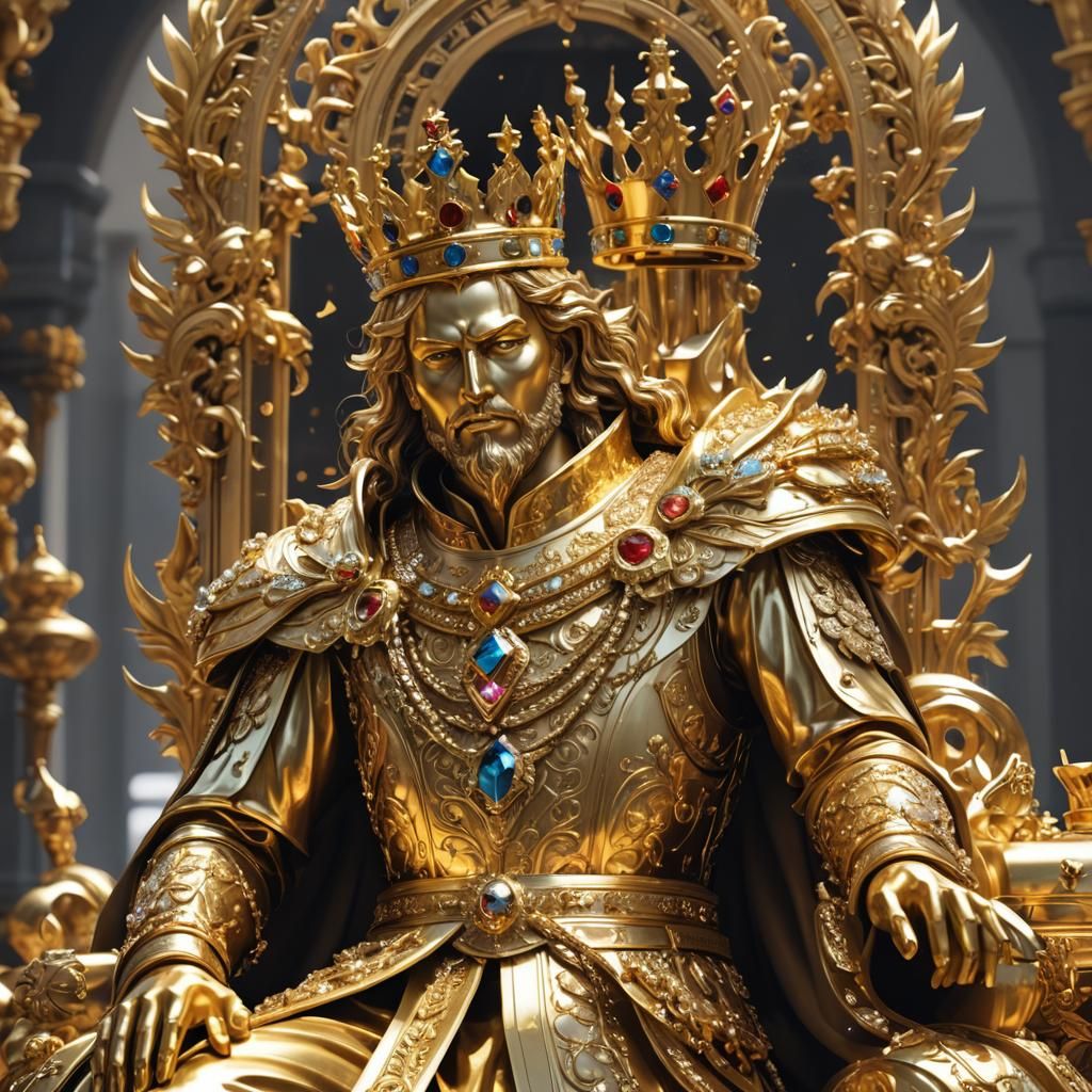 Elaborate Golden Statue of a King in Anime Style
