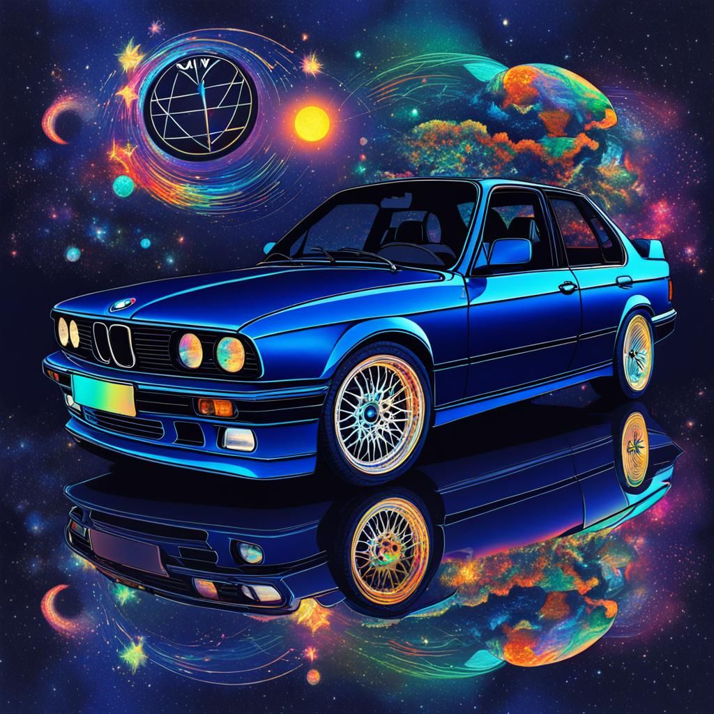 Navy-Blue BMW E30 in Cosmic Astral Illustration