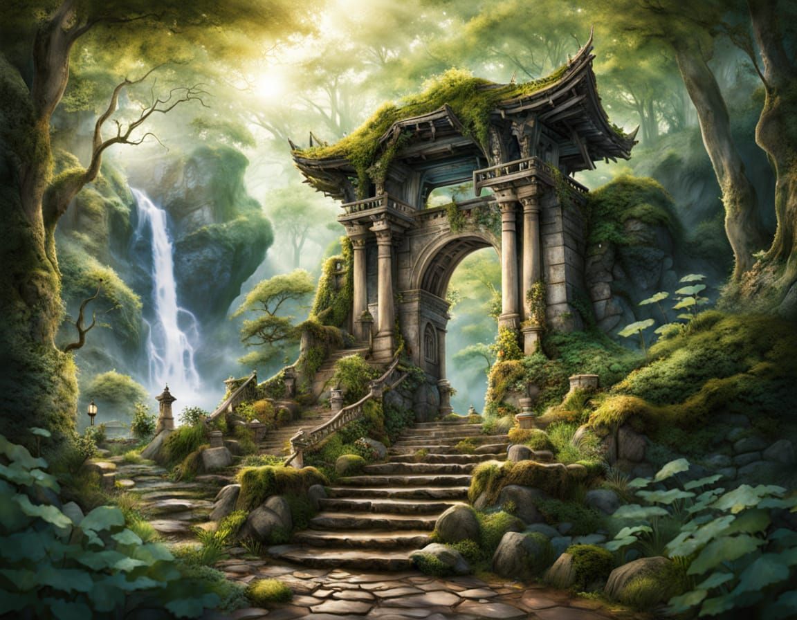 Watercolor Tori Gate on Giant Pencil in Ruined Forest