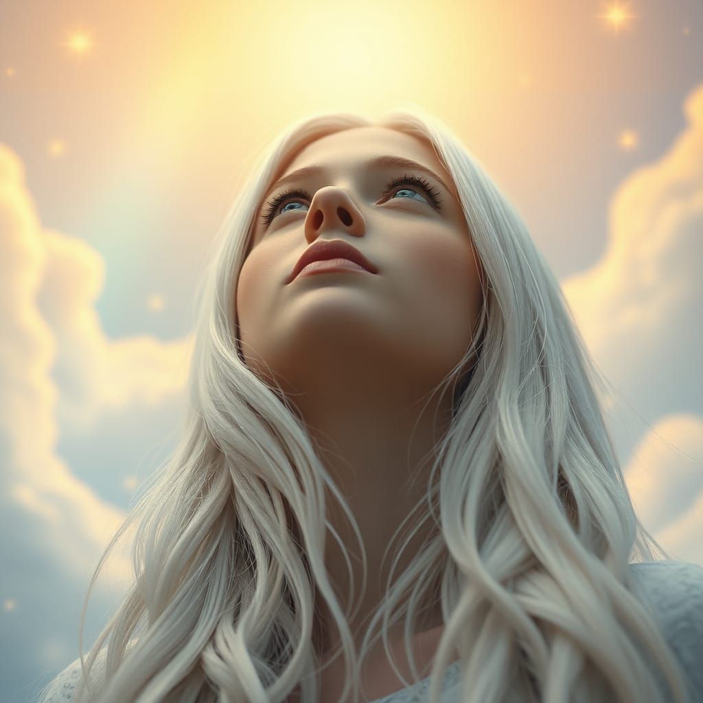 Ethereal Woman Praying in Dreamy Celestial Landscape