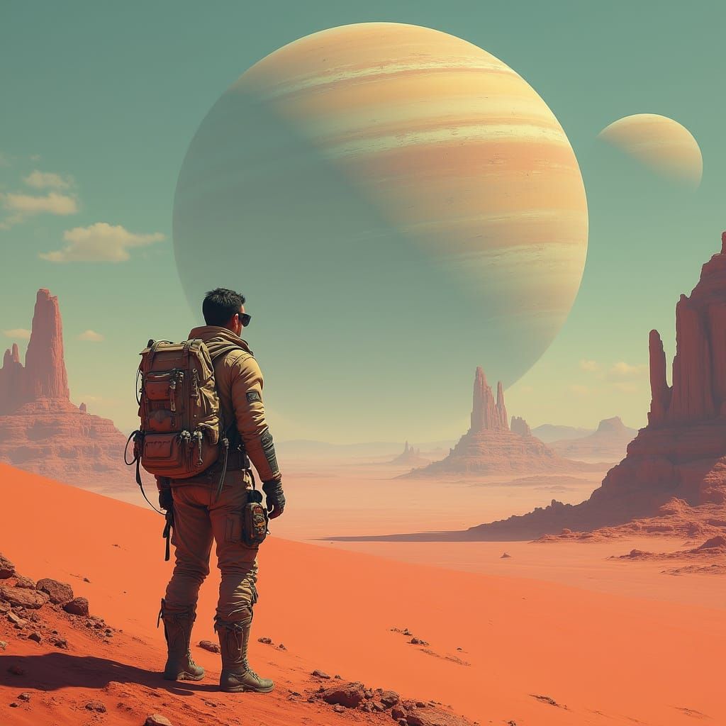 Traveler Gazing at Ringed Planet in Alien Desert