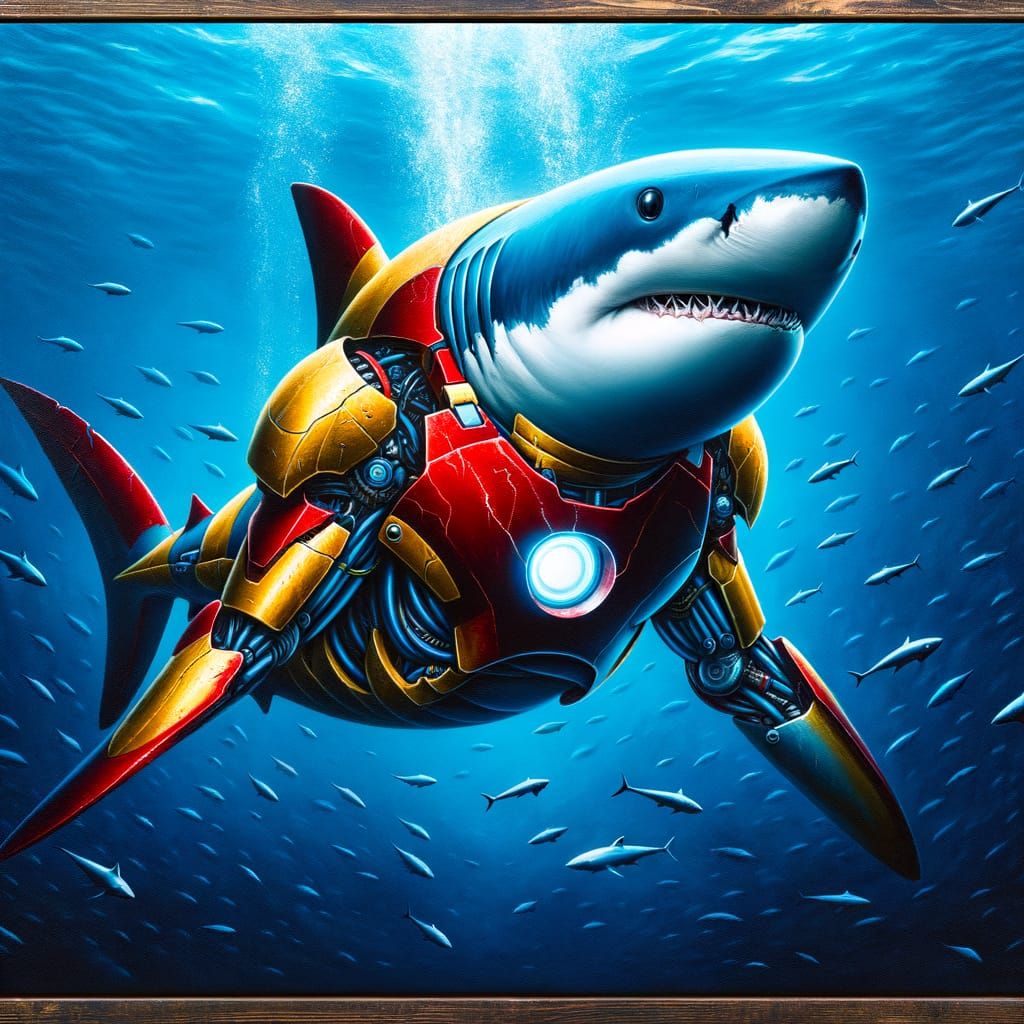 Armored Shark: Hyper-Realistic Oil Painting in Deep Ocean