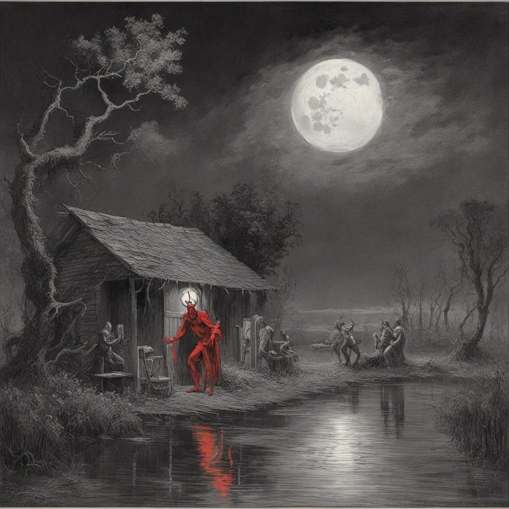 Devil's Swamp Dance Under Red Moon in Horror Style