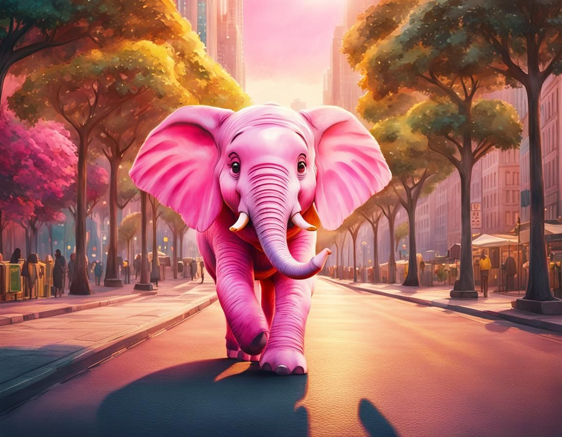 Pink Elephant Walks City Street in Ghibli Style