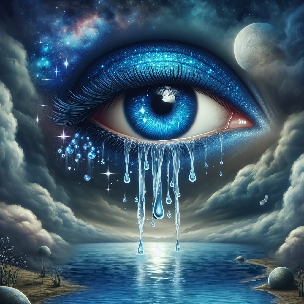 Gigantic Blue Eye Crying in Fantasy Landscape