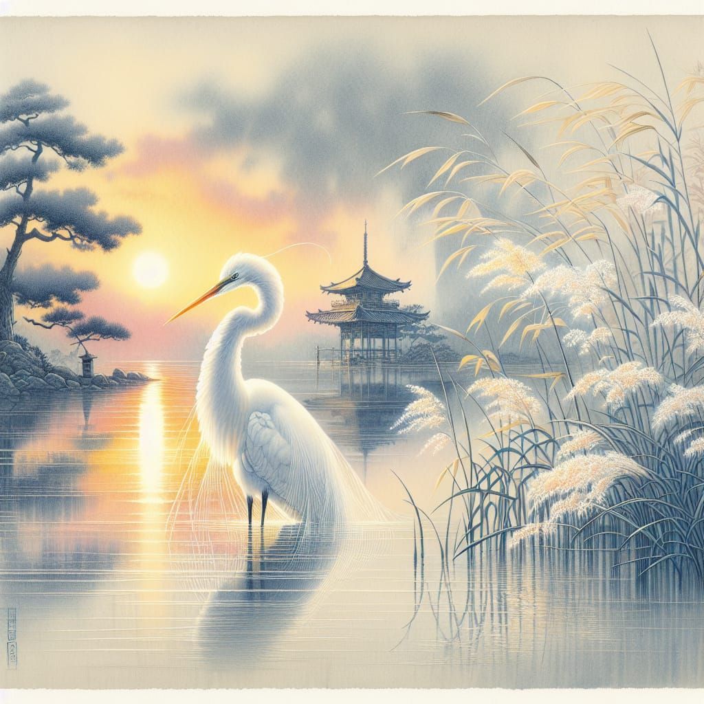 Majestic Great Egret at Sunrise in Japanese Impressionist St...