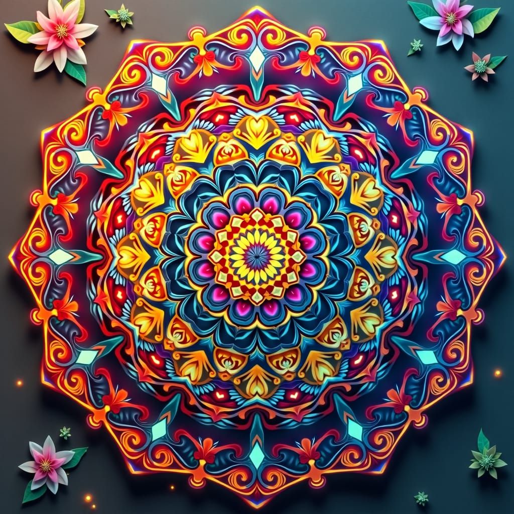 Detailed Multicolor Mandala with Neon Highlights