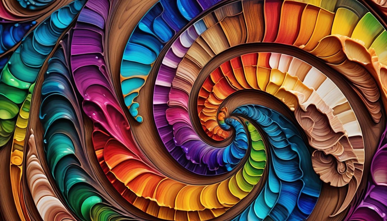 Vibrant Fibonacci Spirals in Wood Grain Abstract Art