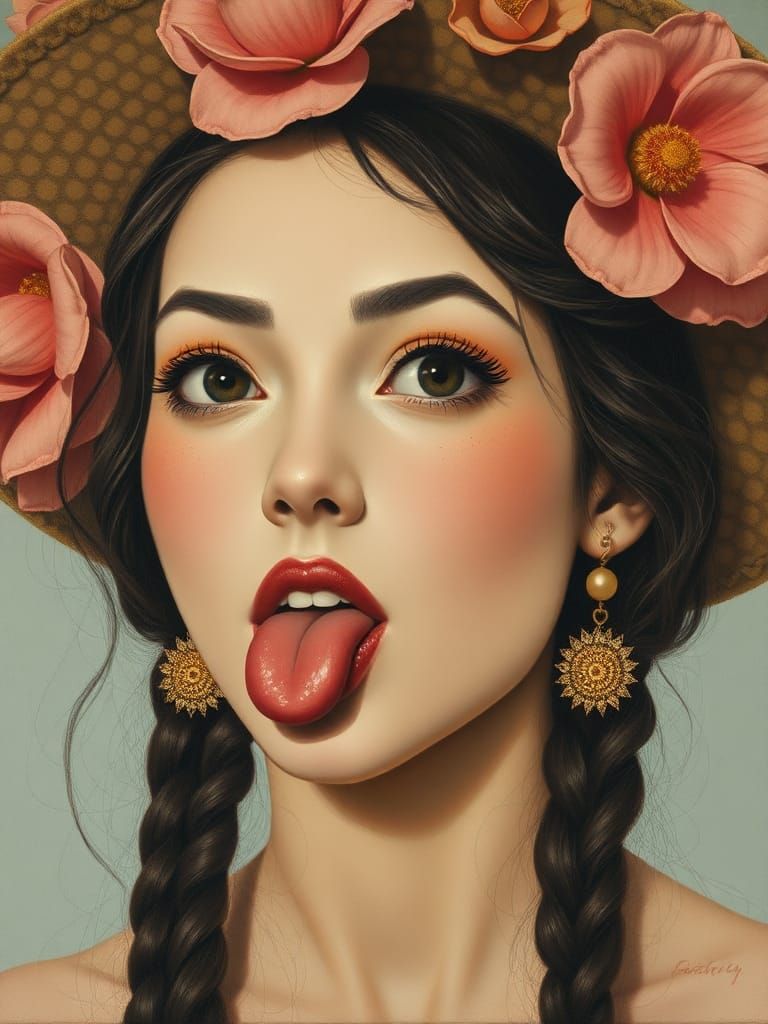 Portrait of playful Hedy Lamarr in flower hat with tongue out by Audrey Kawasaki, hyperdetailed oil painting