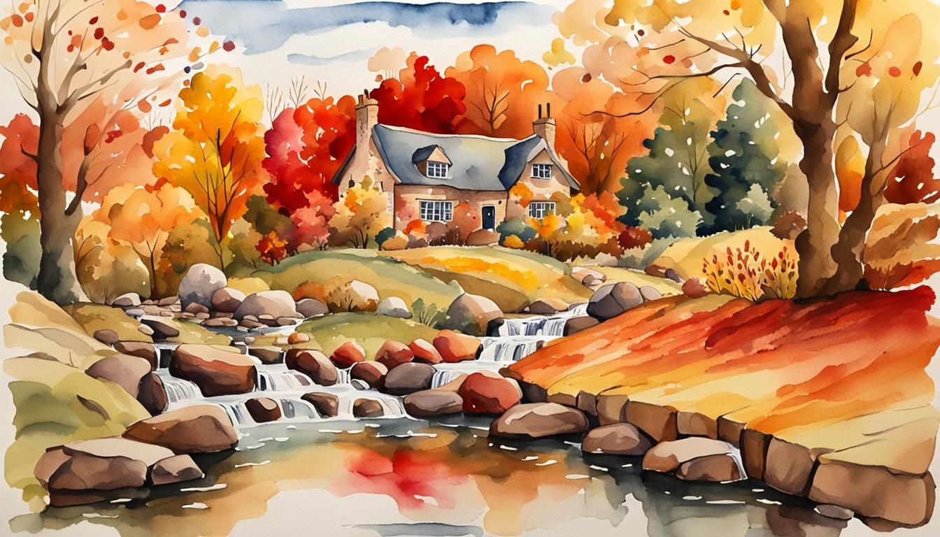 Autumnal Cottage Landscape in Watercolor Style
