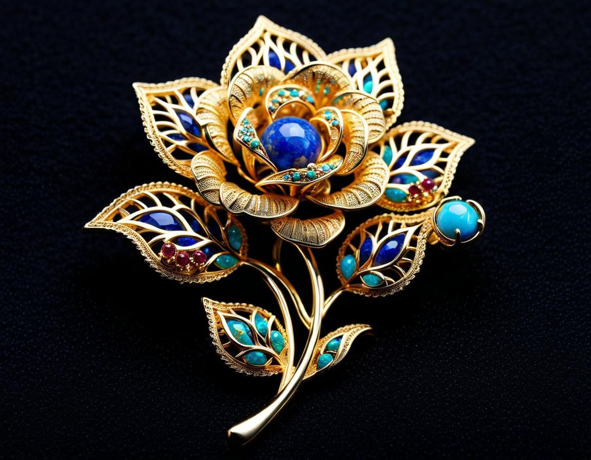 Elegant Filigree Rose Brooch with Jewels