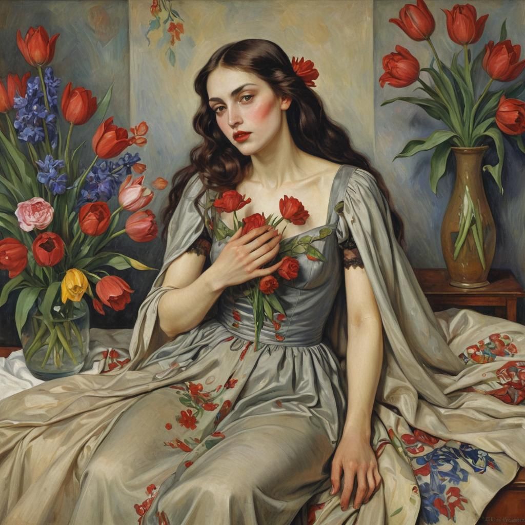 Vampire Surrounded by Flowers in Art Nouveau Style