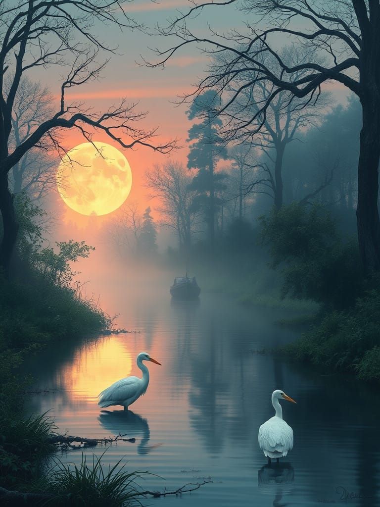 Ethereal Moonlit Stream Scene with Majestic White Herons