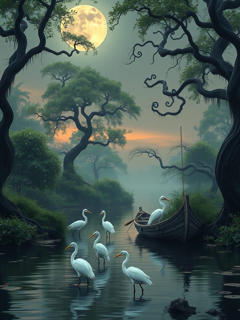 Serene Moonlit Stream with Majestic White Herons in a Fantas...