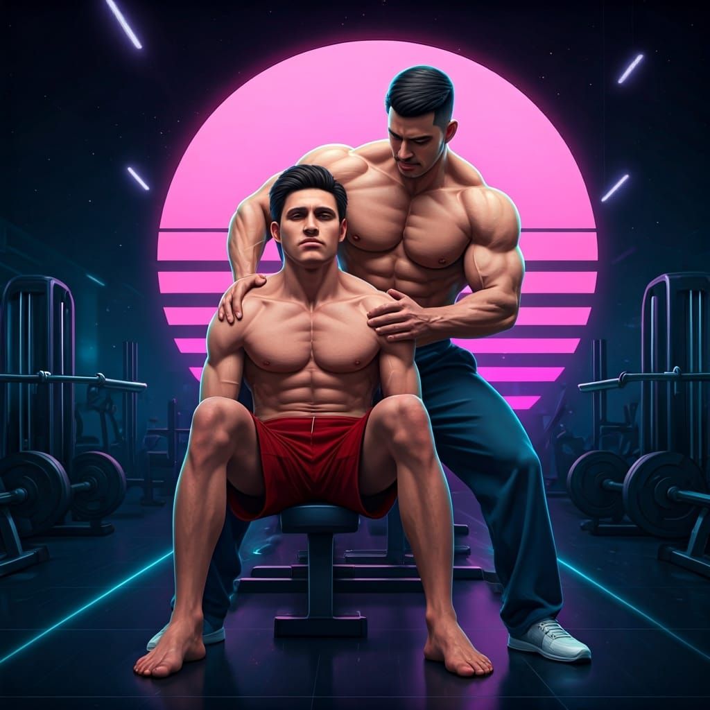 Shirtless Jock Trains Man in Gym, Synthwave Style