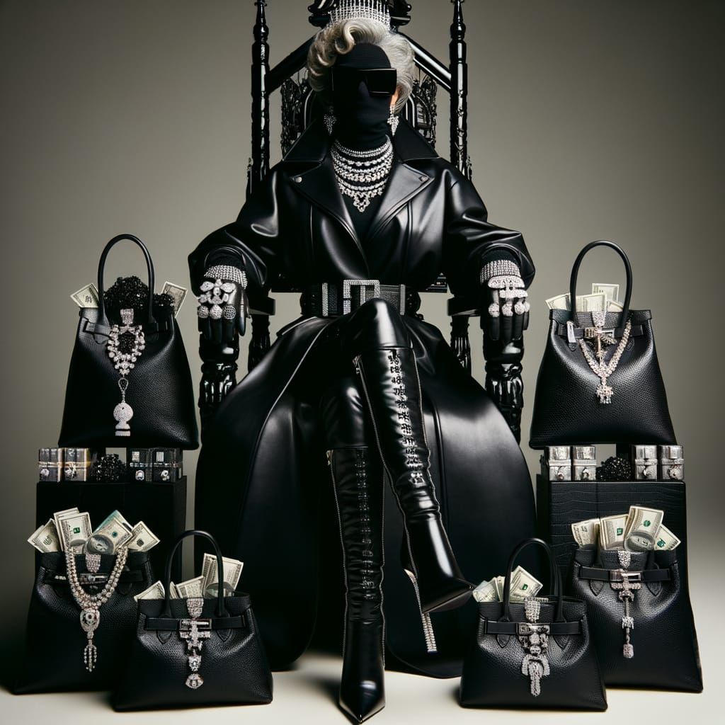 Leather-Clad Villainess on Throne with Stolen Goods