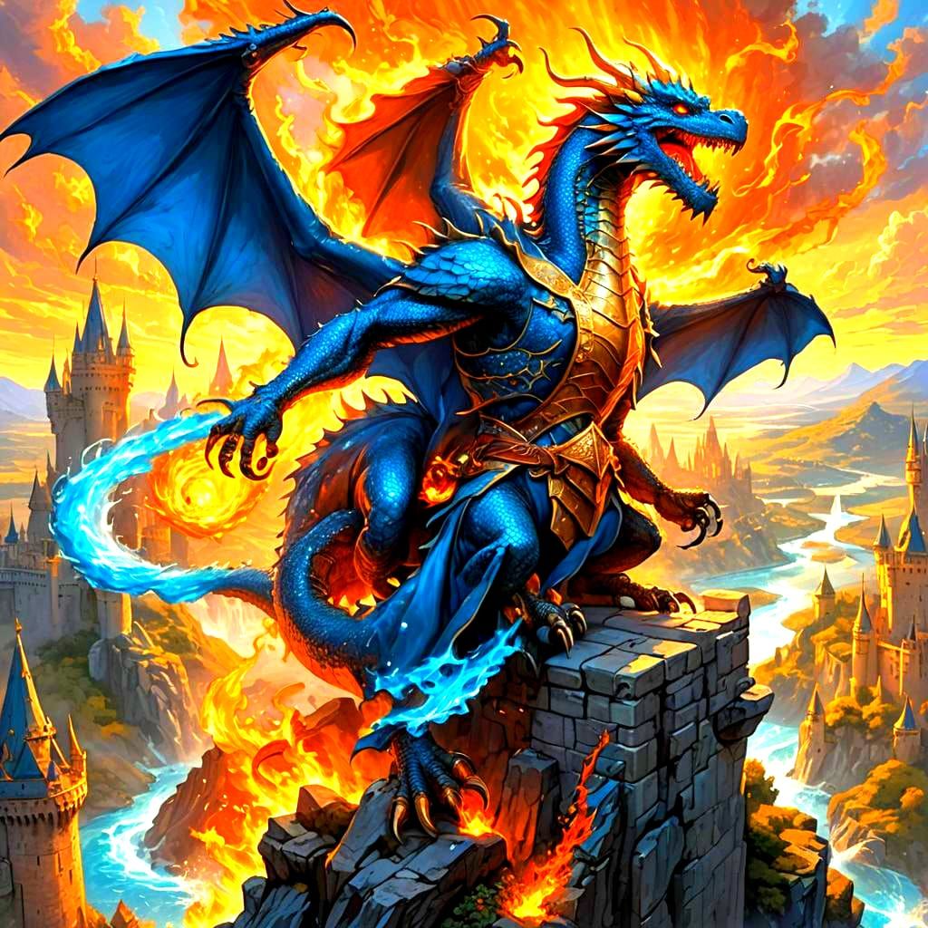 Wizard Casting Fire Spell at Dragon in Detailed Matte Painti...