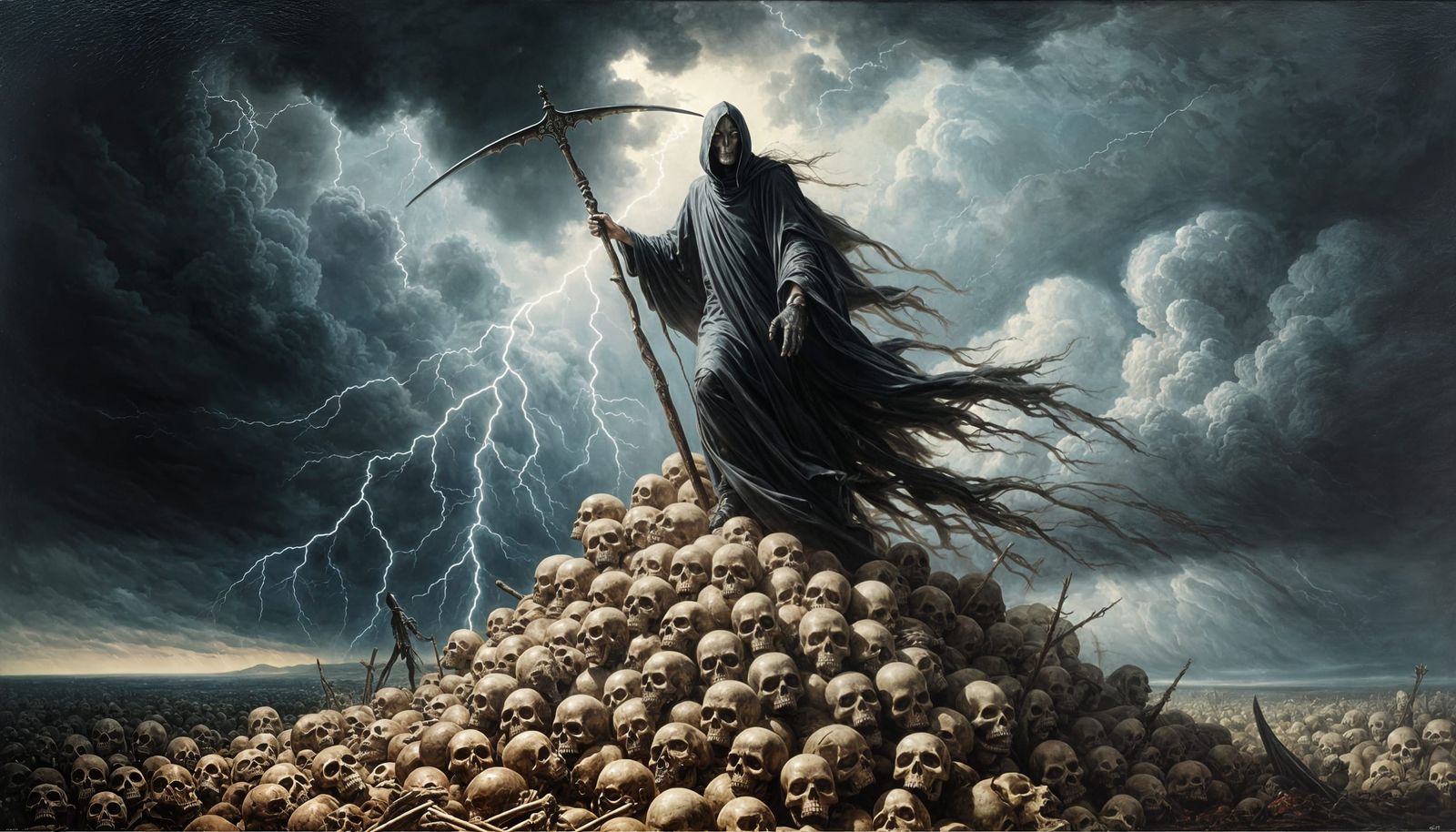 Grim Reaper on Skull Mountain: Romanticism Oil Painting