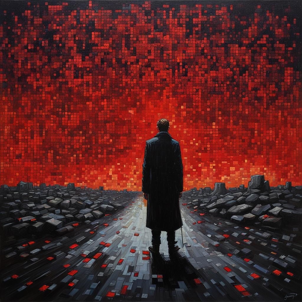Red Pixel Black Panel: Oil Painting of Overdone Sadness