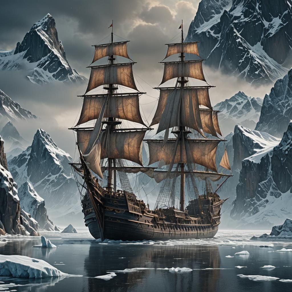 Icy Bay Merchant Ship in Dark Fantasy Style