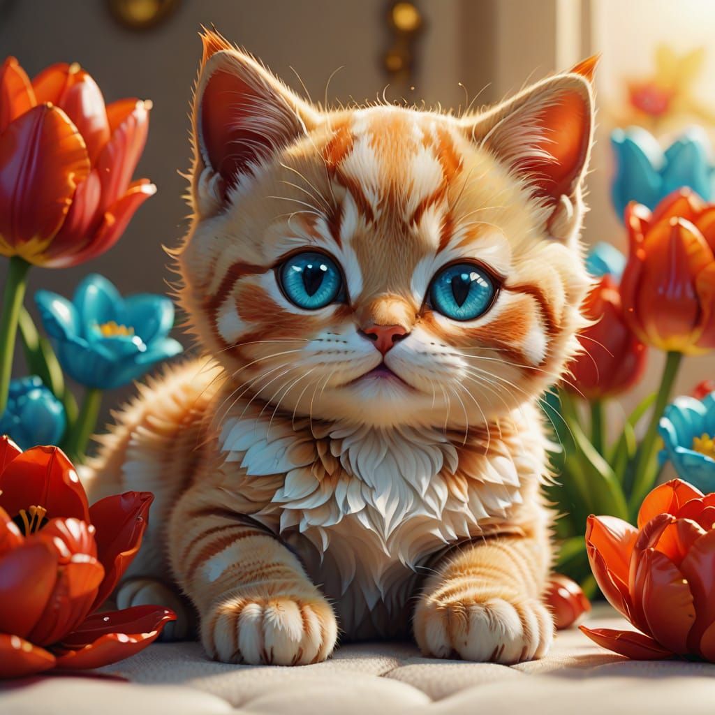 Cute Red Chibi Kitten on Sofa in Surreal Digital Art