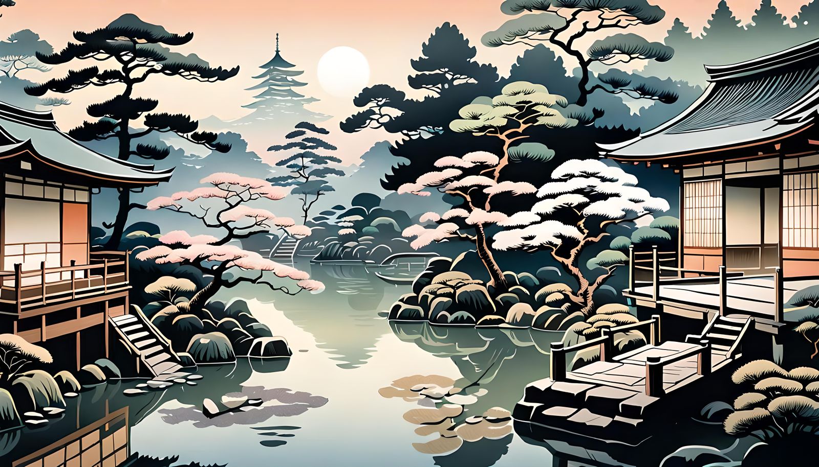Japanese Garden at Dawn in Ukiyo-e Style
