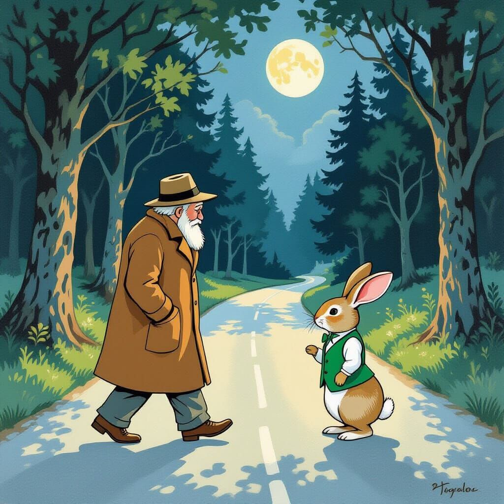 Whimsical Rabbit Guides Old Man: Children's Book Illustratio...