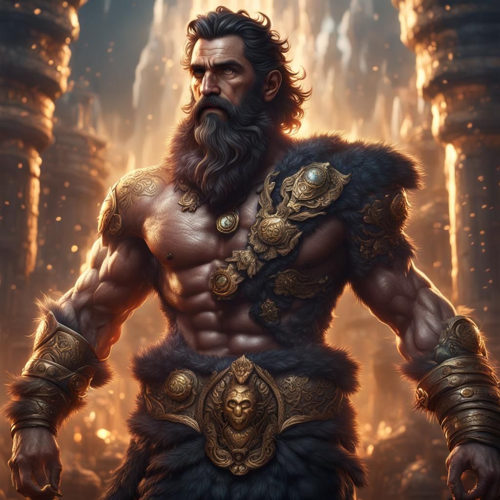 Bearded Greek God with Magic Army, Detailed Painting