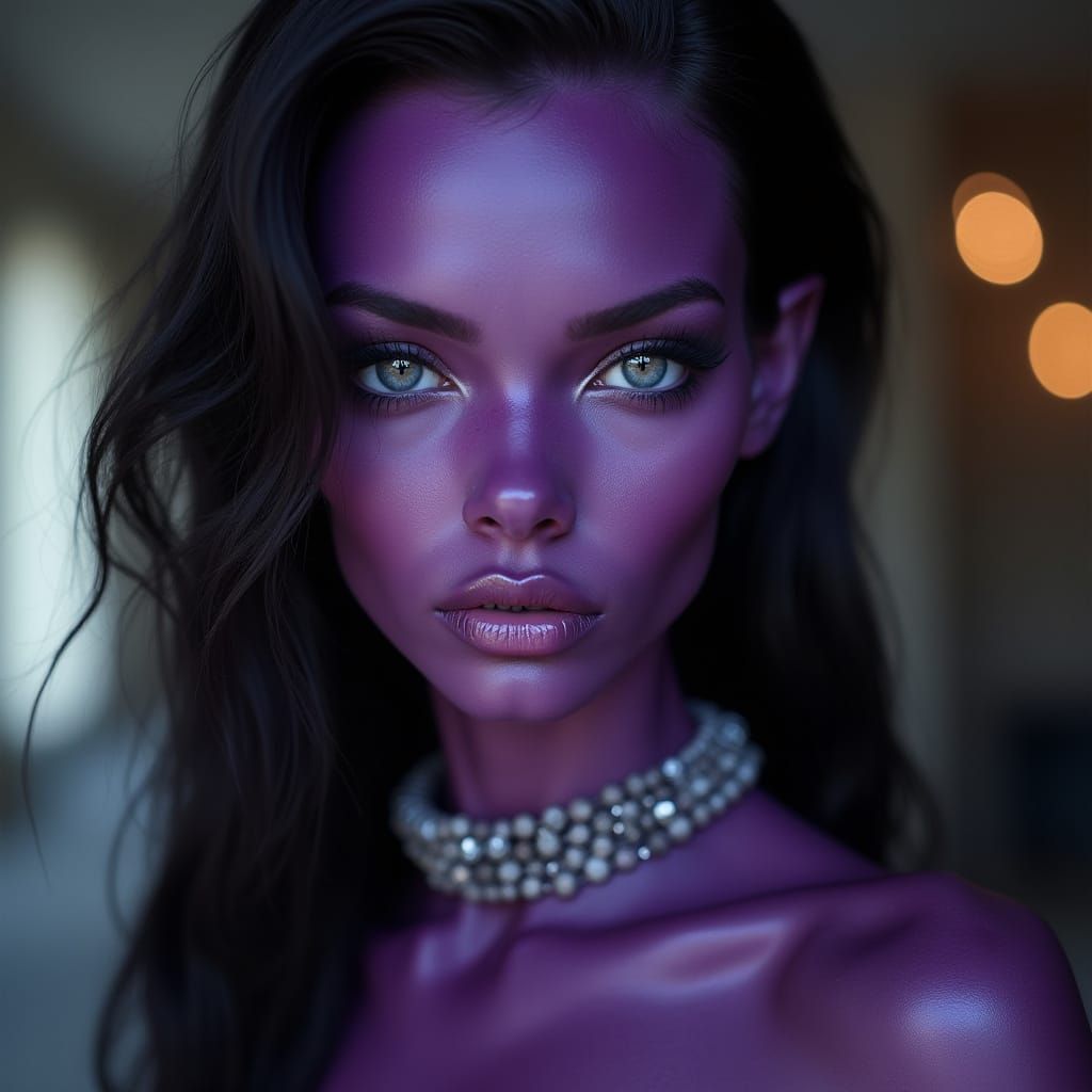 Regal, Purple-Skinned Alien Female in Close-Up Portrait