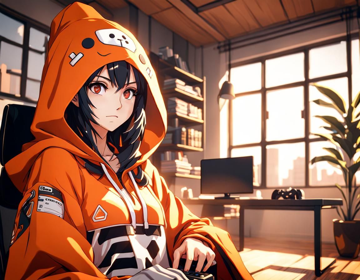 Anime Woman Playing Video Games in Apartment, 3D Render