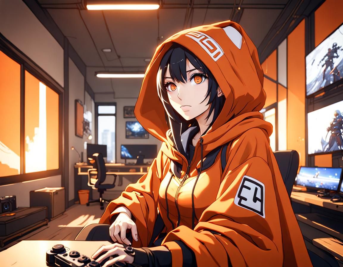 Anime Woman Gaming in Apartment, Computer Graphics