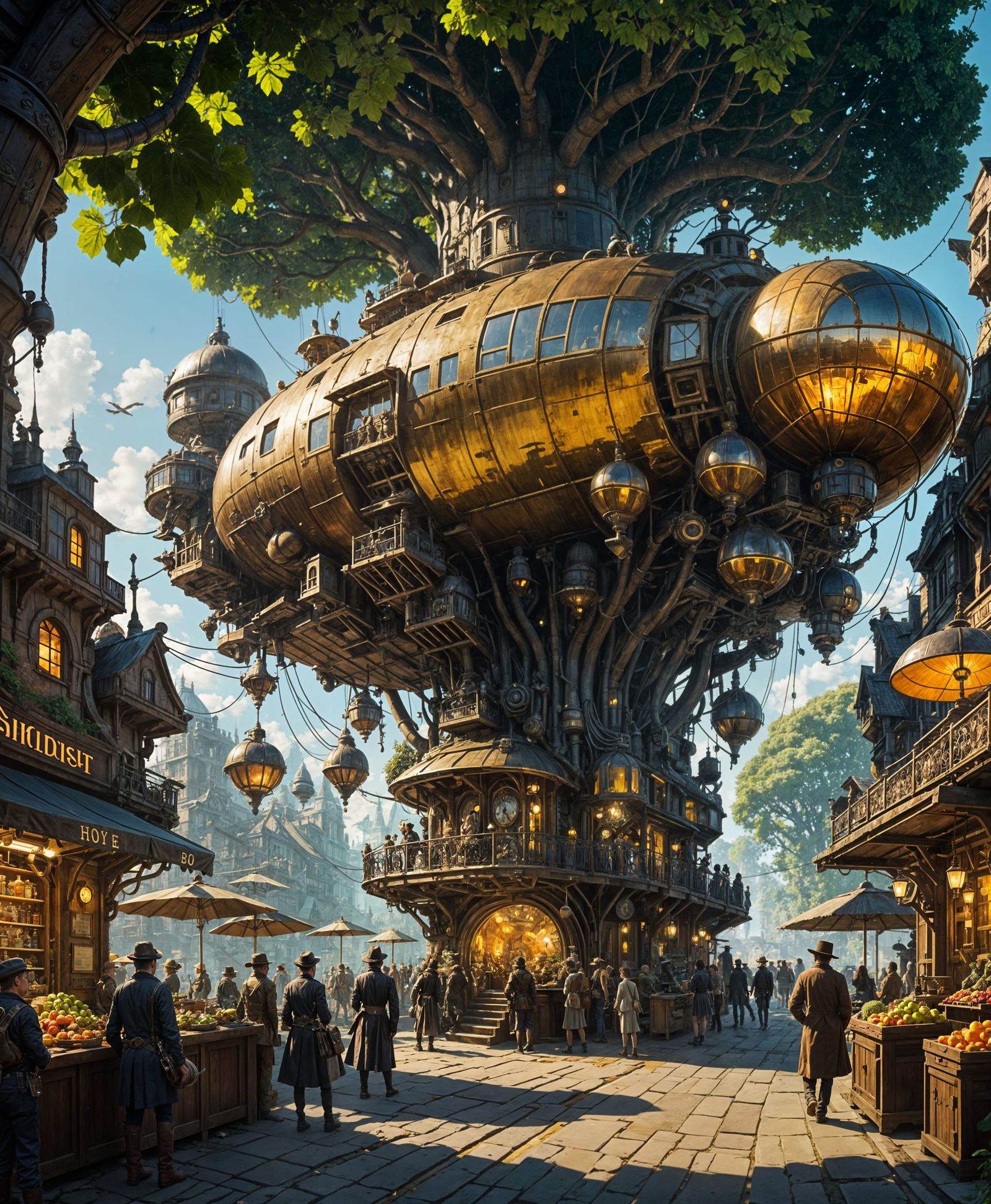 Steampunk Tree City Marketplace with Airships and Automatons