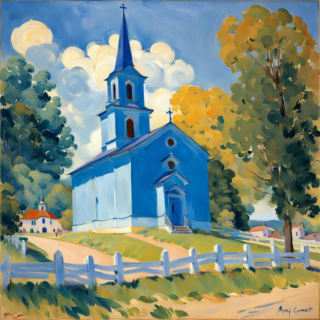 Blue Village Church in Impressionist Style