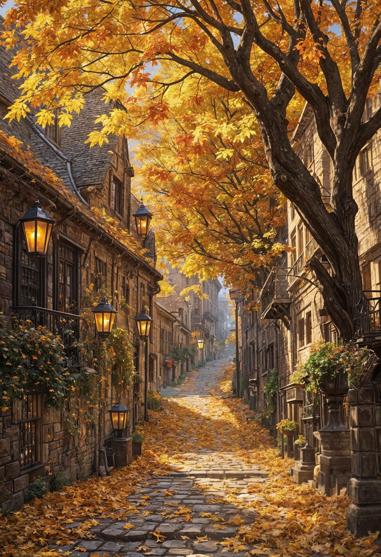 Autumn Street Scene with Colorful Leaves