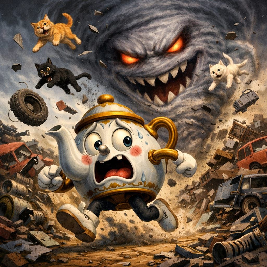 Terrified Teapot Flees Evil Tornado in Junkyard