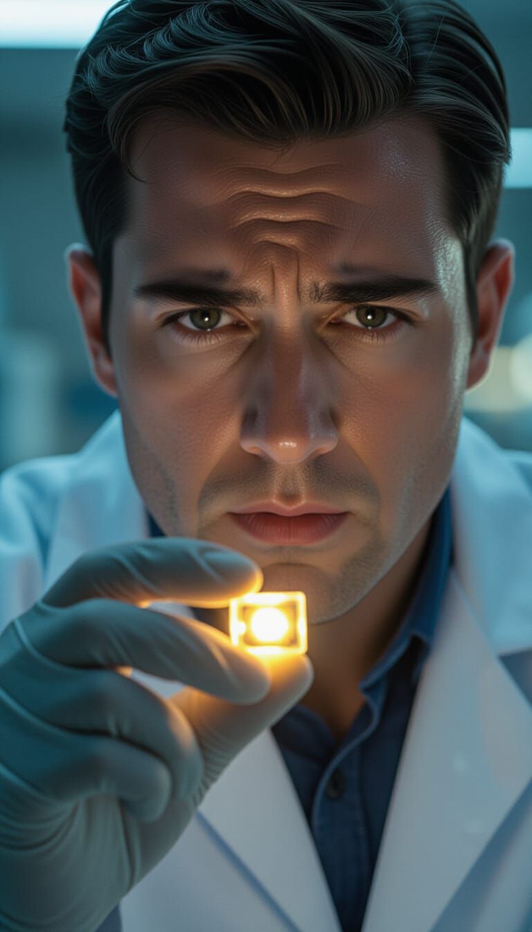 Scientist Holds Glowing Metallic Battery with Fear