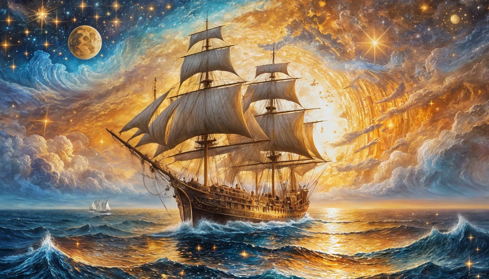 Sailing Ship on Starry Sea: Oil Painting