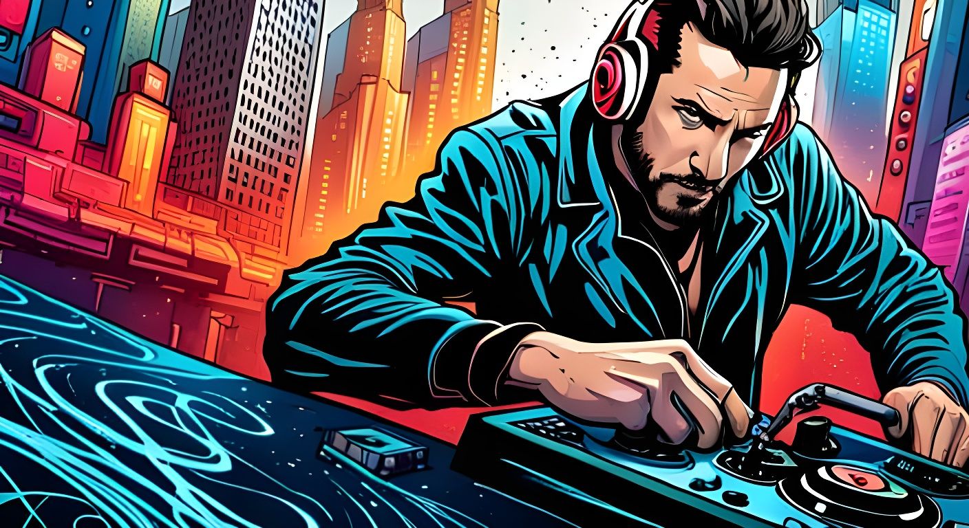 Funky Cyberpunk DJ in Futuristic Splash Art