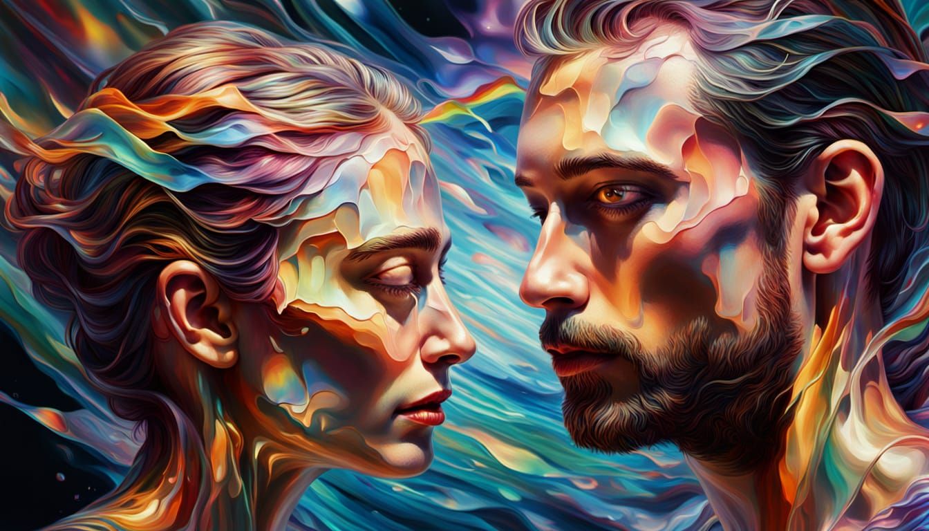 Surreal Intertwined Couple in Vibrant Oil Painting