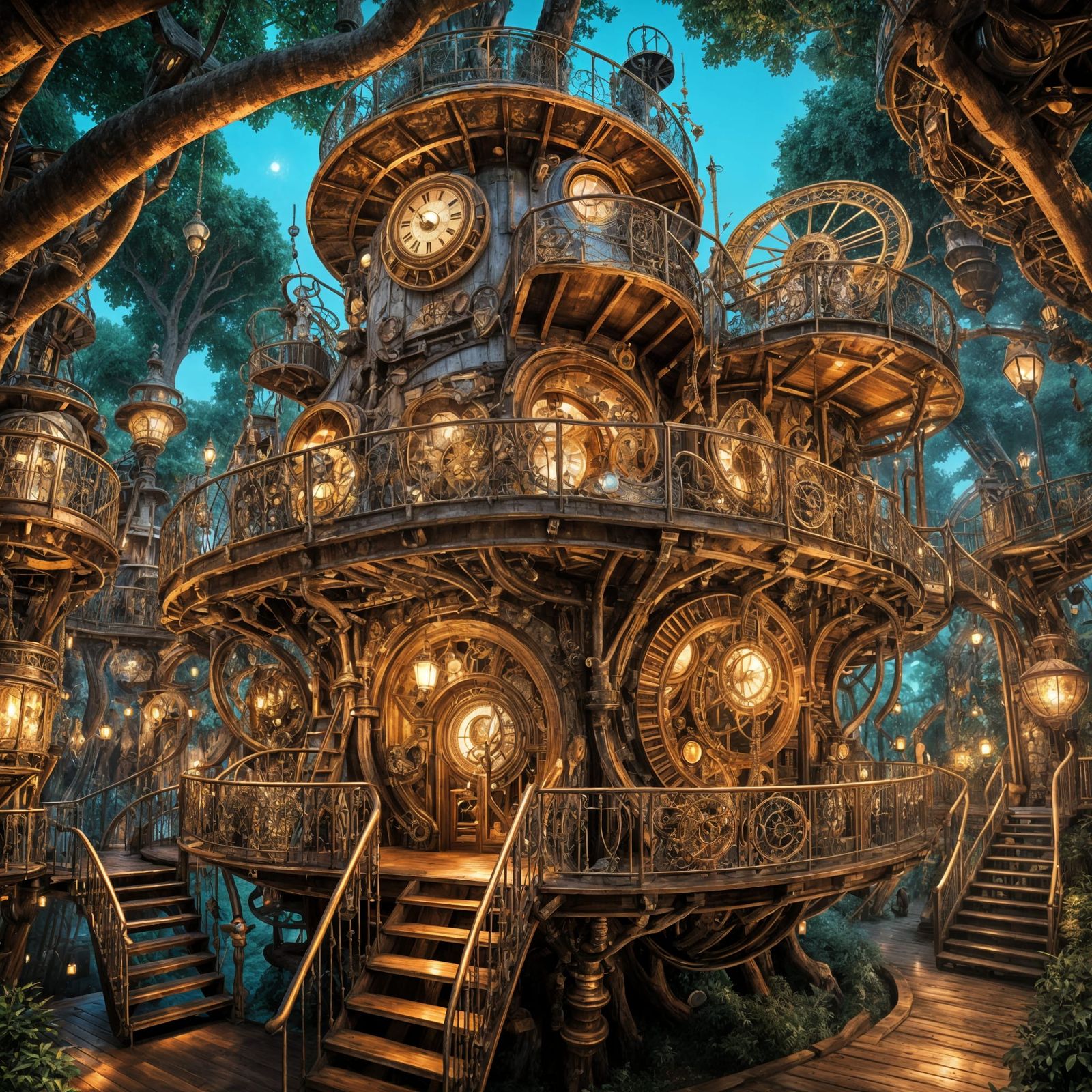 Ethereal Steampunk Treehouse Village in Whimsical Settings