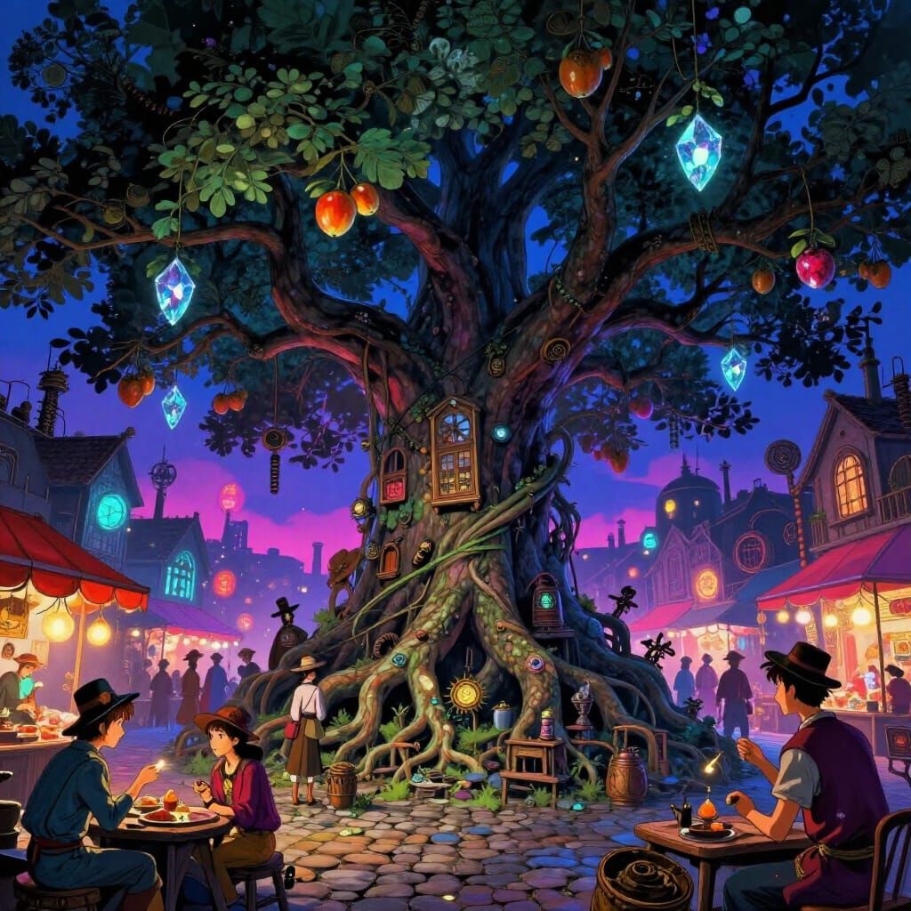 Ancient Tree in Neon Market Square