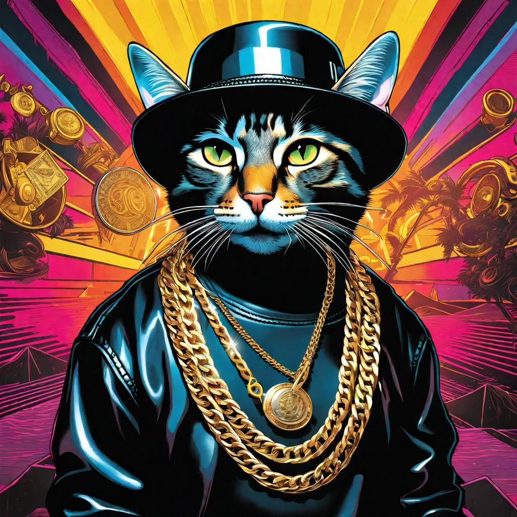 Hip-Hop Cat in 80s Graphic Novel Style